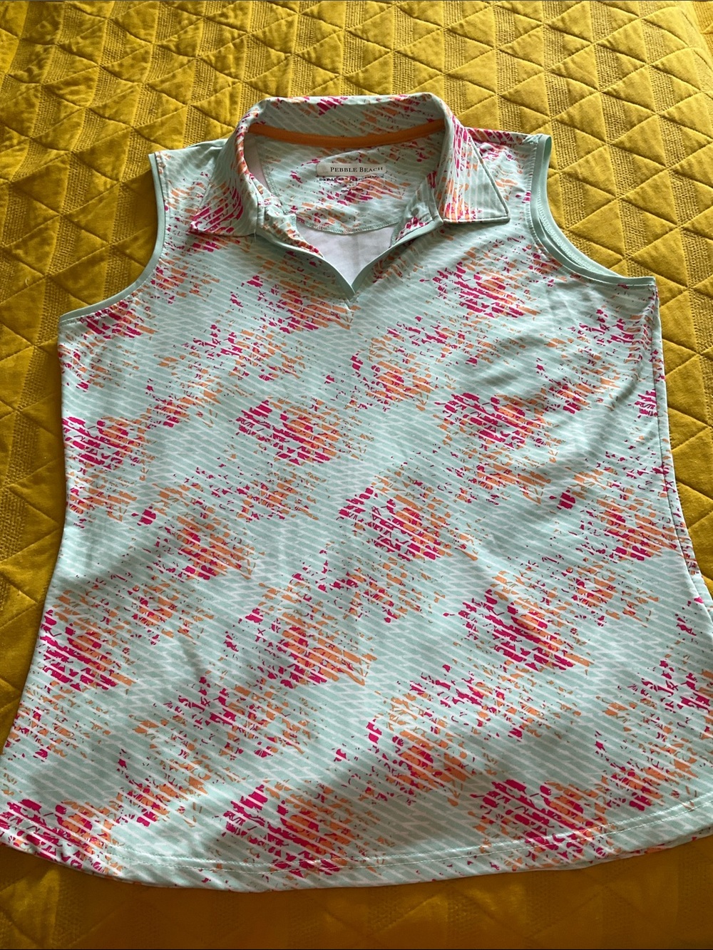 Pebble Beach Dry-Luxe Performance Sleeveless Polo Shirt XL Mint Orange Abstract